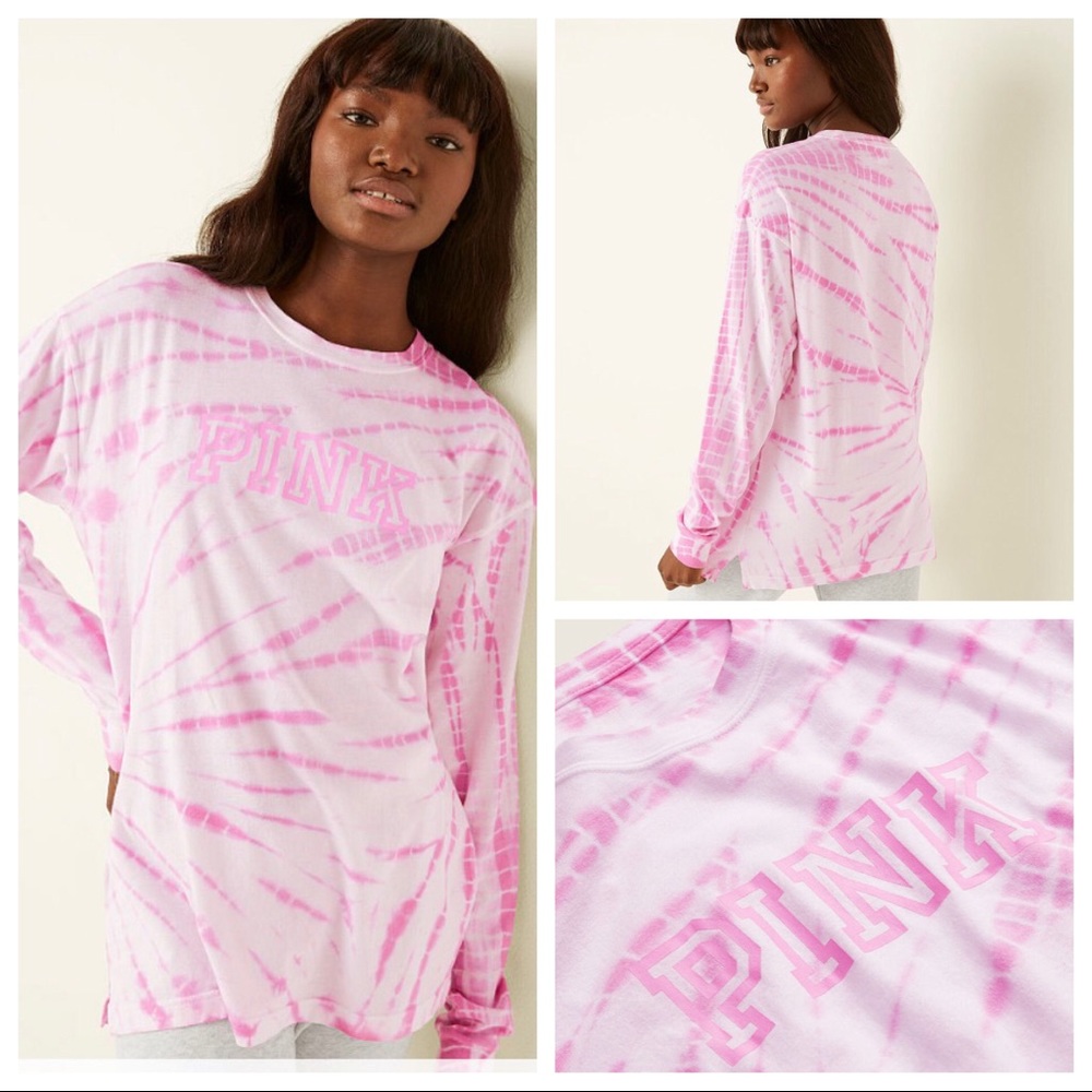 VS VICTORIAS SECRET PINK CAMPUS LONG SLEEVE TEE TOP NEON BUBBLE TIE DYE L - Picture 1 of 7